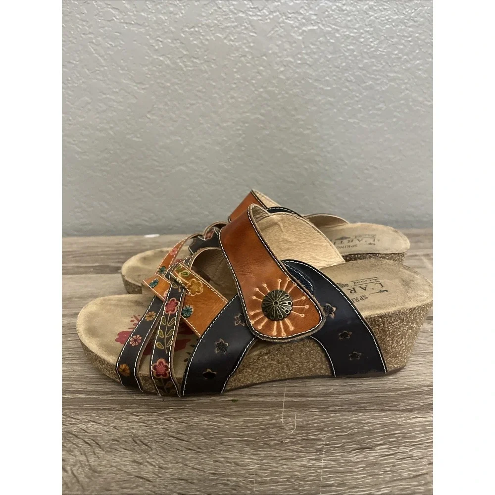 Spring Step LArtiste Sandals Womens 40 Navy Brown Jadora Floral Leather Wedge